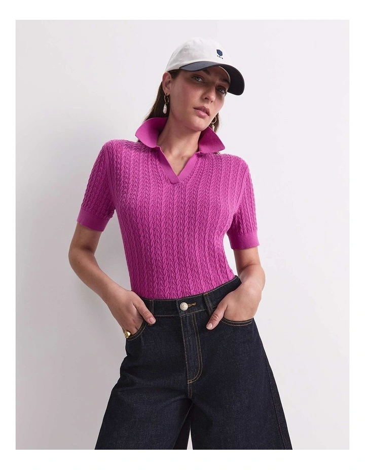 Elka Pointelle Polo Knit in Pink image 3
