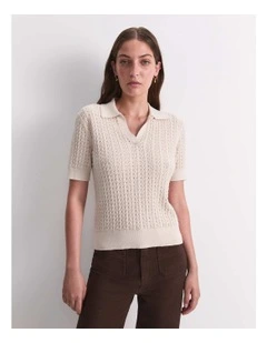 Elka Pointelle Polo Knit in Beige