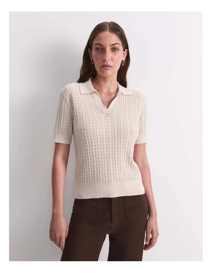 Elka Pointelle Polo Knit in Beige image 1