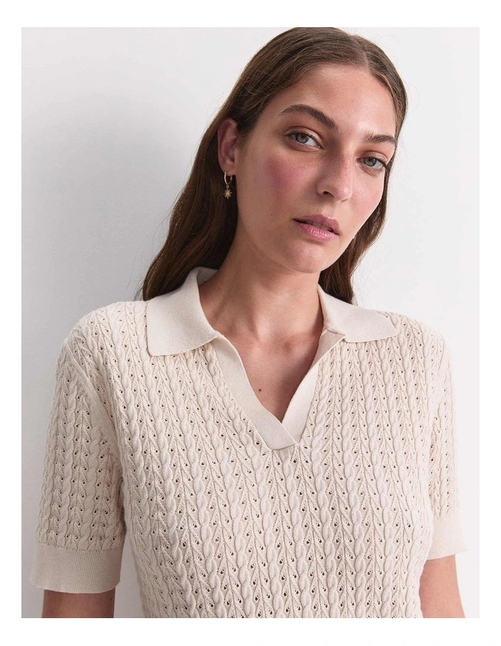 Elka Pointelle Polo Knit in Beige image 3