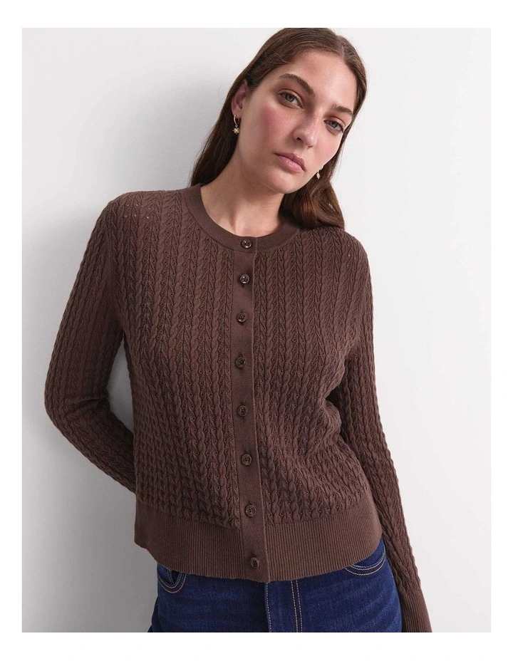 Elka Pointelle Cardigan in Brown image 1