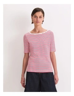 Heidi Boat Neck Half Sleeve Tee in White/Red
