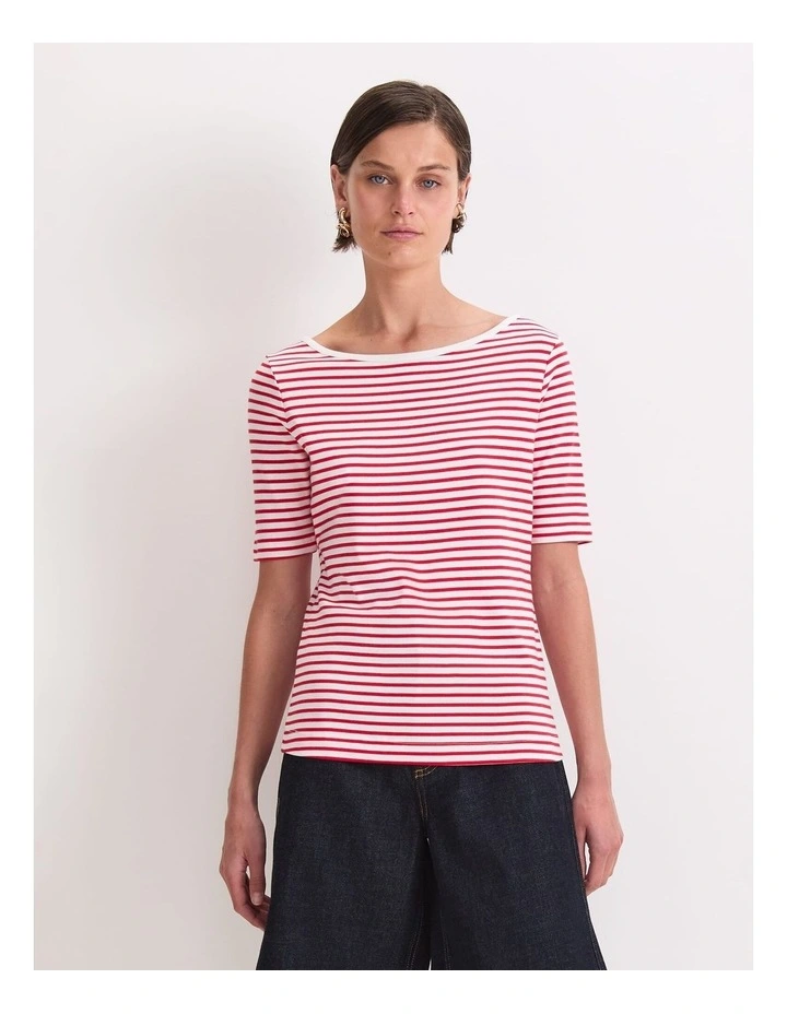 Heidi Boat Neck Half Sleeve Tee in White/Red image 1
