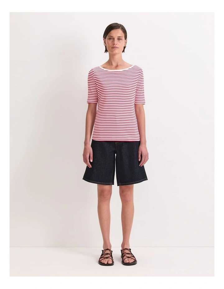 Heidi Boat Neck Half Sleeve Tee in White/Red image 4