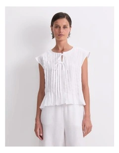 Ariana Pintuck Linen Blouse in White