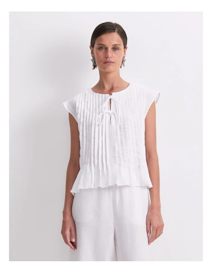 Ariana Pintuck Linen Blouse in White image 1