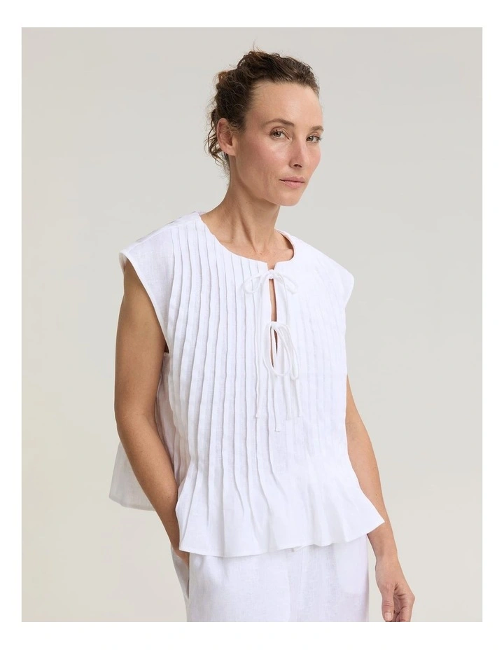 Ariana Pintuck Linen Blouse in White image 4