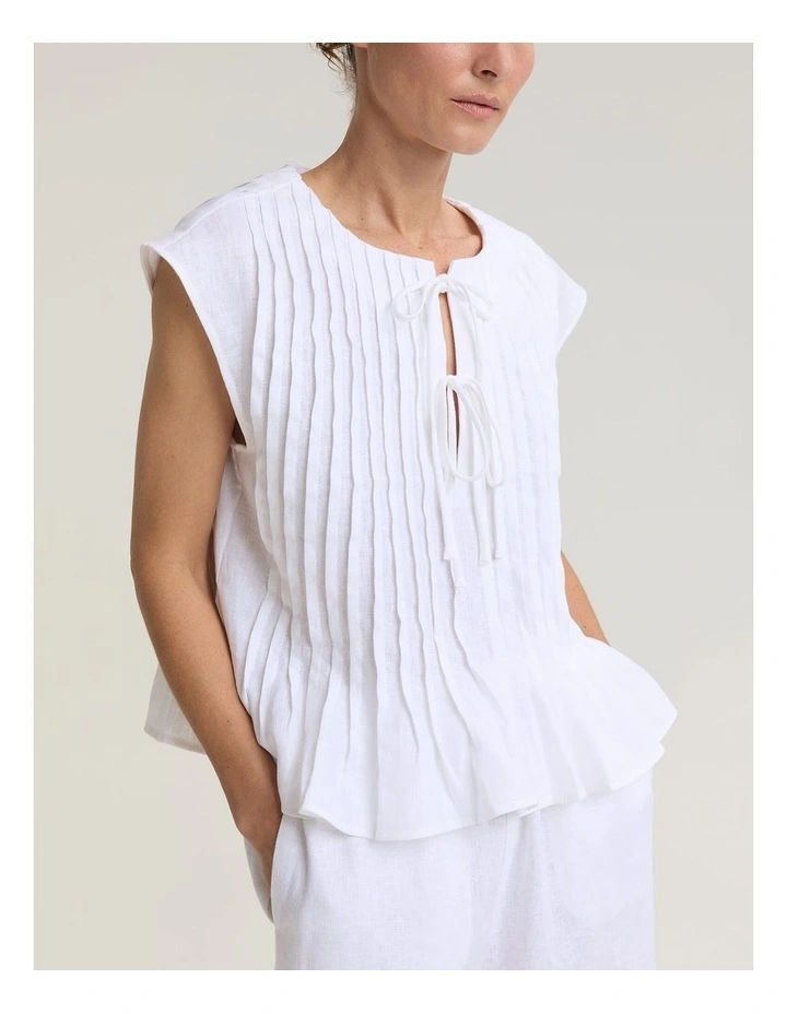Ariana Pintuck Linen Blouse in White image 5