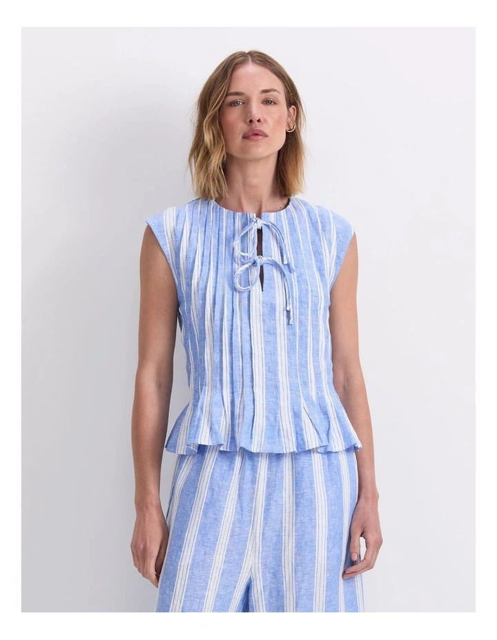 Ariana Pintuck Linen Blouse in Blue/White image 1
