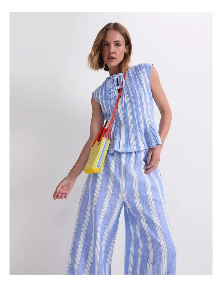 Ariana Pintuck Linen Blouse in Blue/White image 2