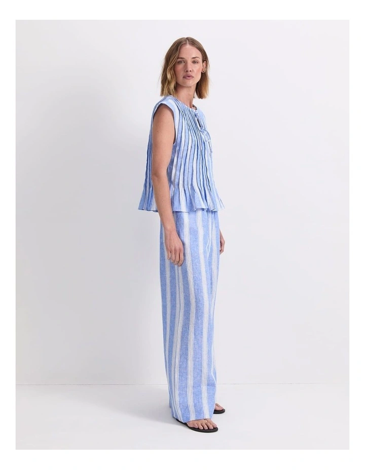 Ariana Pintuck Linen Blouse in Blue/White image 3