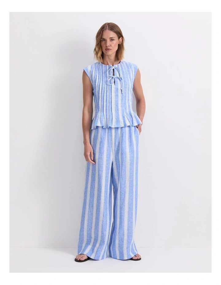 Ariana Pintuck Linen Blouse in Blue/White image 4