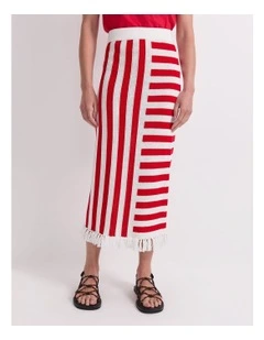 Avoca Fringe Knit Midi Skirt in Red