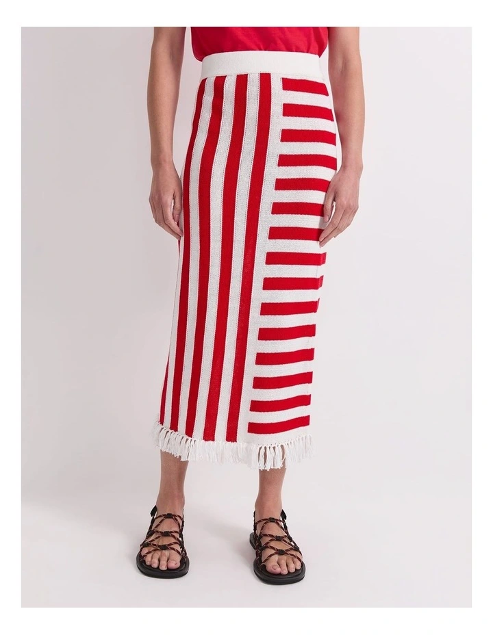 Avoca Fringe Knit Midi Skirt in Red image 1