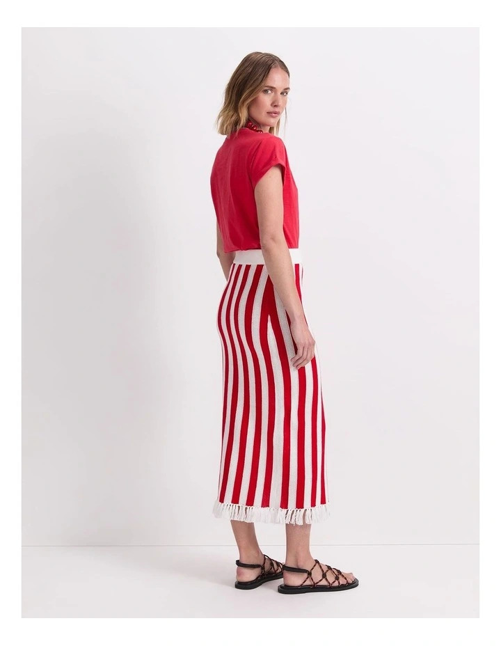 Avoca Fringe Knit Midi Skirt in Red image 2