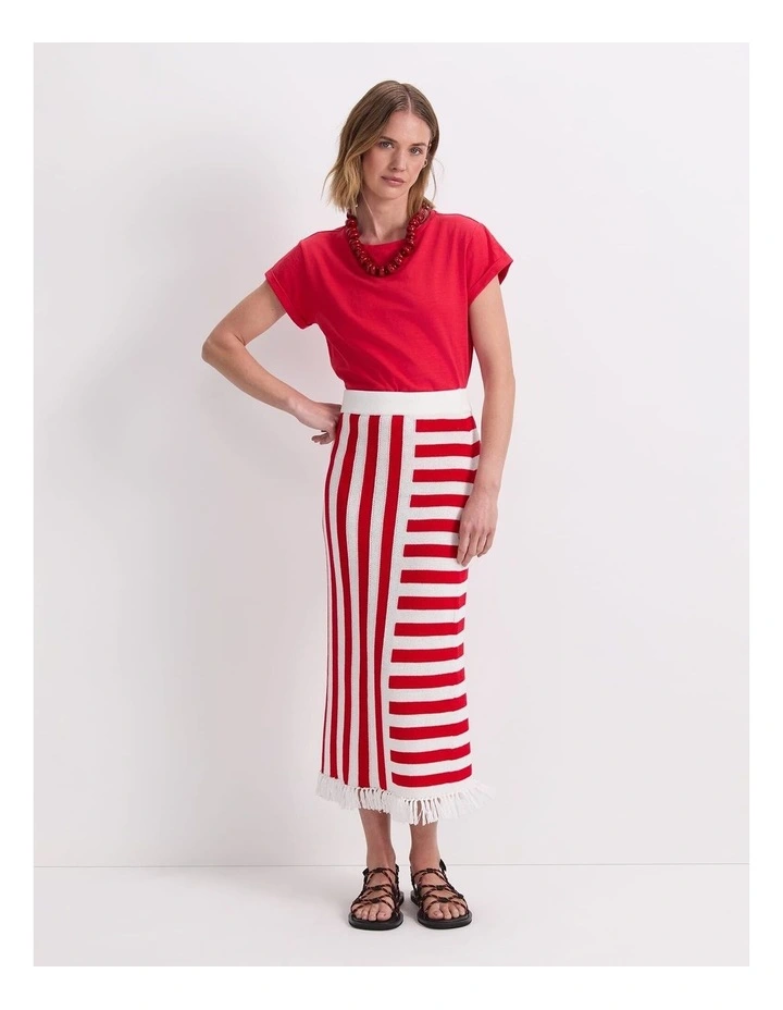 Avoca Fringe Knit Midi Skirt in Red image 4