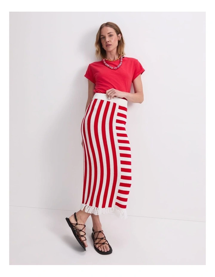 Avoca Fringe Knit Midi Skirt in Red image 5