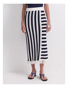 Avoca Fringe Knit Midi Skirt in Blue