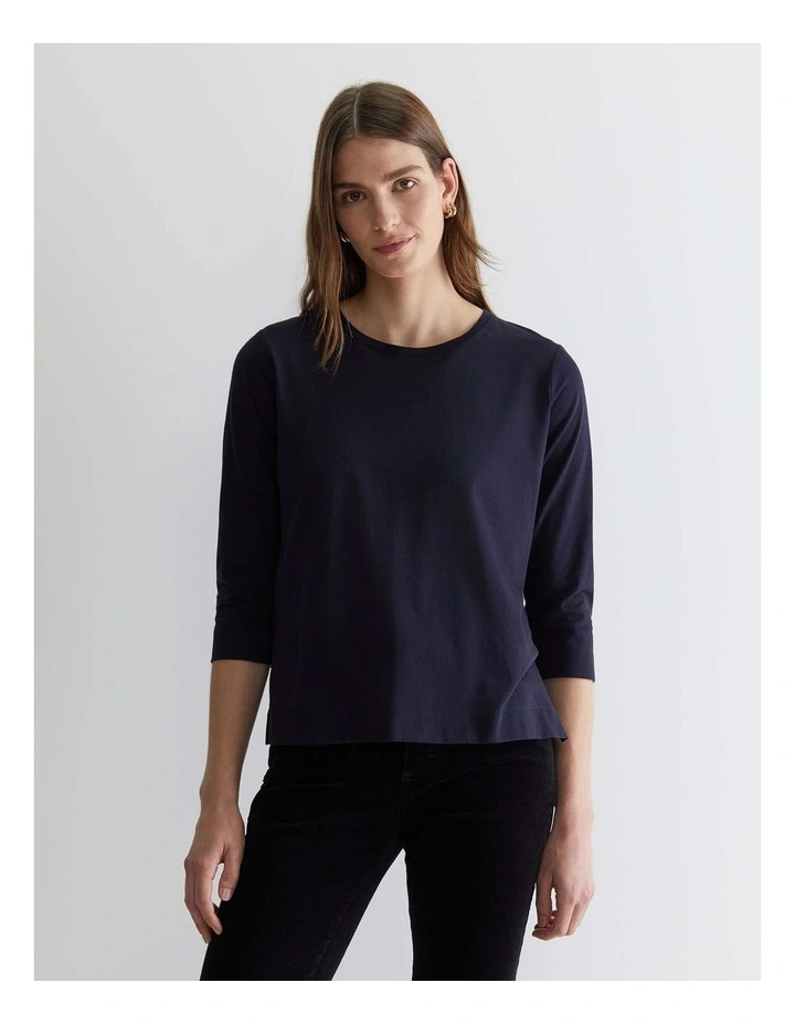 Mercerised Cotton 3/4 Sleeve Tee in Navy image 1