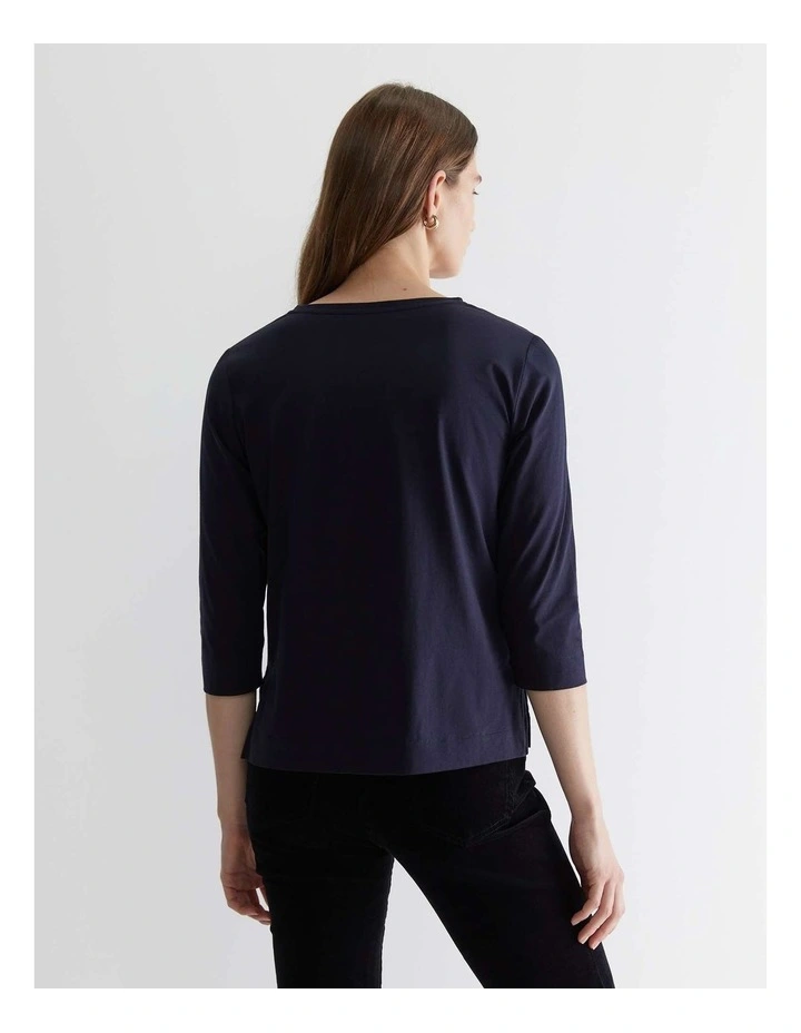 Mercerised Cotton 3/4 Sleeve Tee in Navy image 2