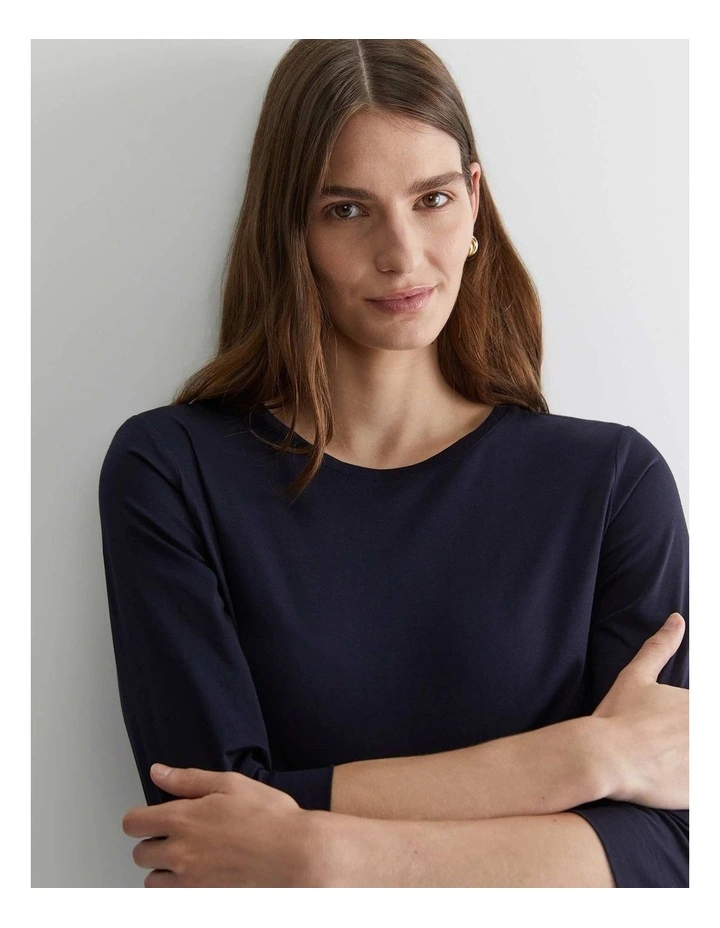 Mercerised Cotton 3/4 Sleeve Tee in Navy image 5