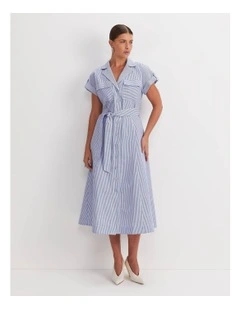 Nia Seersucker Midi Dress in Blue/White