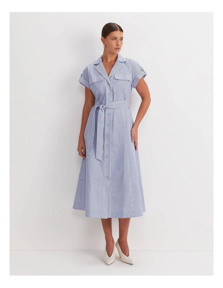 Nia Seersucker Midi Dress in Blue/White image 1
