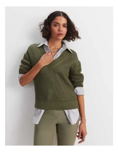Cotton Crochet V-Neck Knit in Khaki