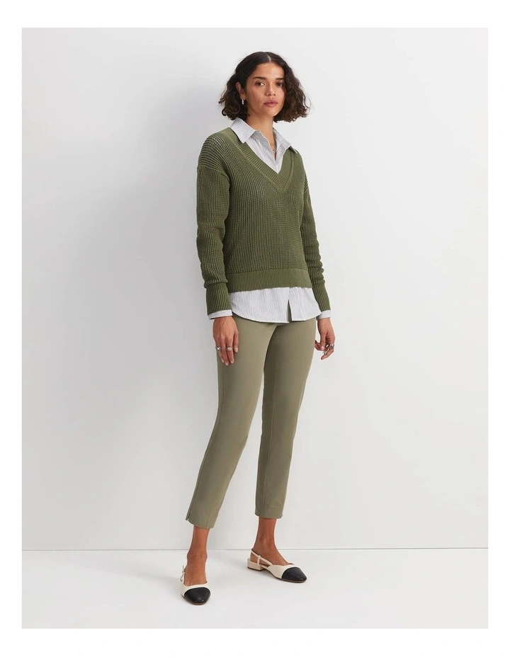 Cotton Crochet V-Neck Knit in Khaki image 2