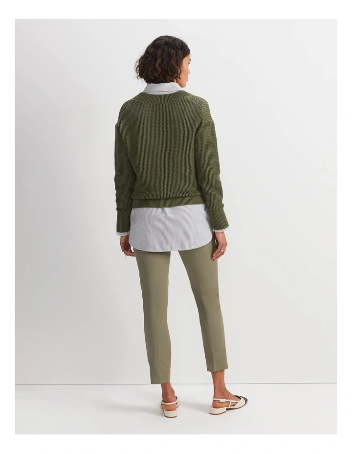 Cotton Crochet V-Neck Knit in Khaki image 3
