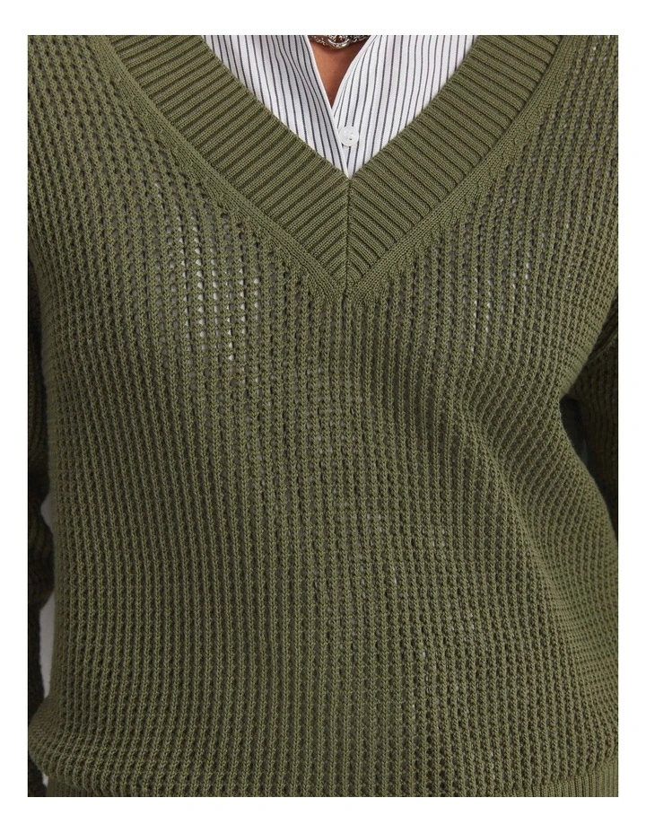 Cotton Crochet V-Neck Knit in Khaki image 4