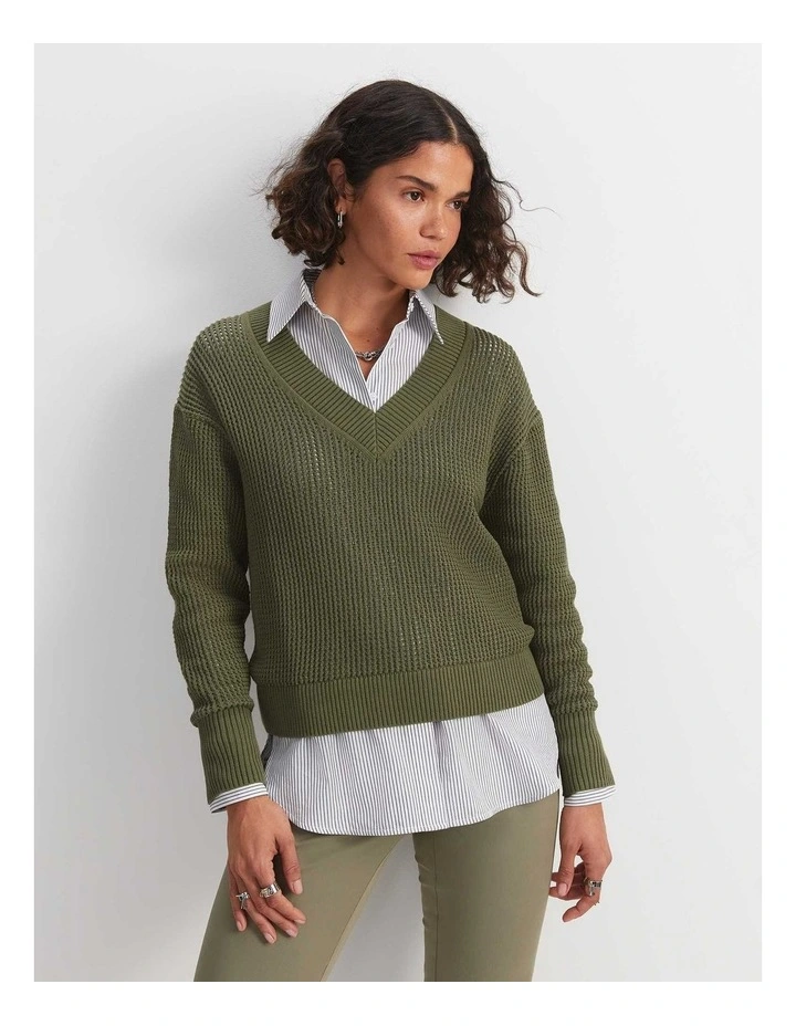 Cotton Crochet V-Neck Knit in Khaki image 5