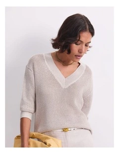 Cotton Crochet V-Neck Knit in Strring