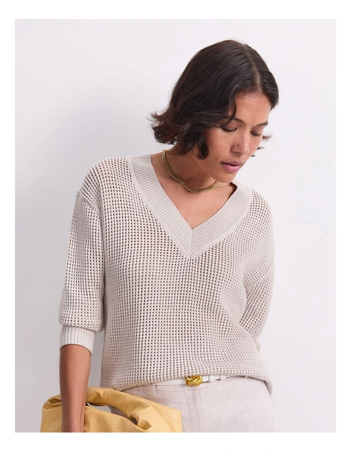 Cotton Crochet V-Neck Knit in Strring image 1