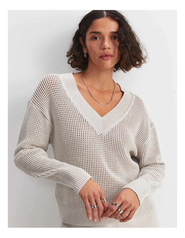 Cotton Crochet V-Neck Knit in Strring image 1
