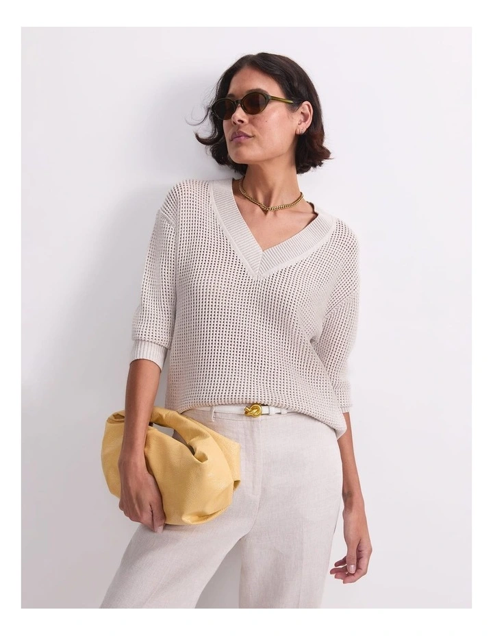 Cotton Crochet V-Neck Knit in Strring image 5