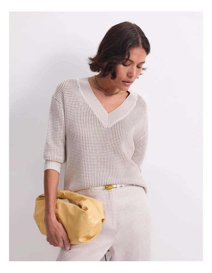 Cotton Crochet V-Neck Knit in Strring image 6