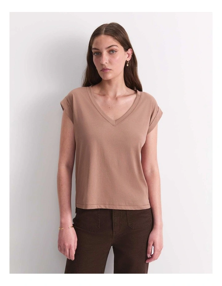 Blair Cotton V-Neck Tee in Mocha image 1