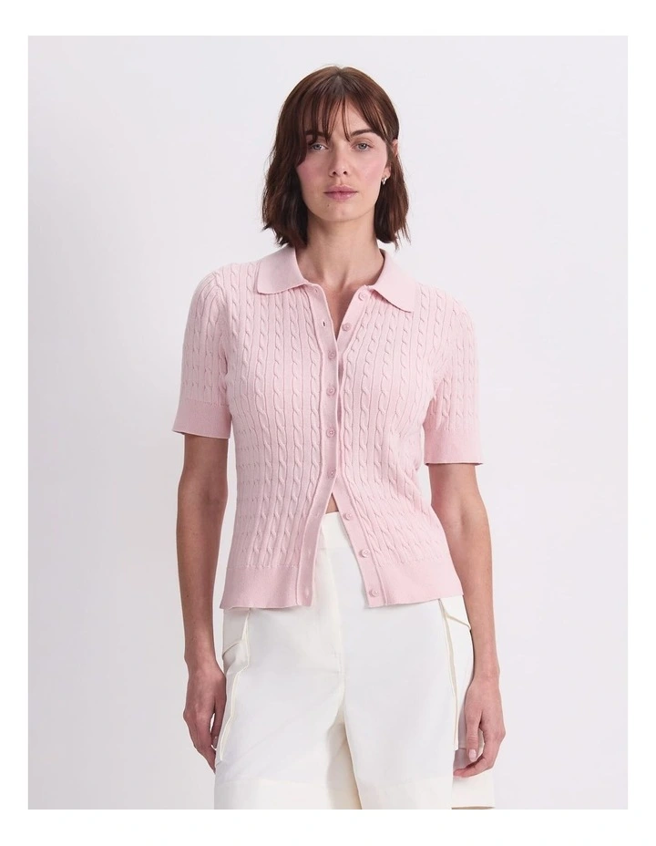 Cotton Cable Short Sleeve Knit Top in Peony image 1