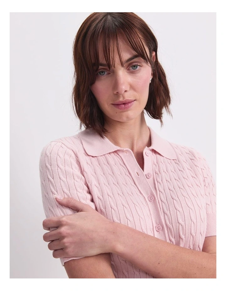 Cotton Cable Short Sleeve Knit Top in Peony image 3