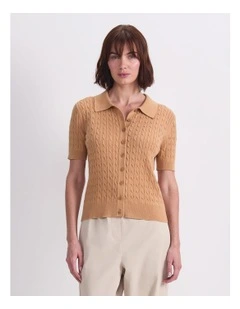 Cotton Cable Short Sleeve Knit Top in Sand
