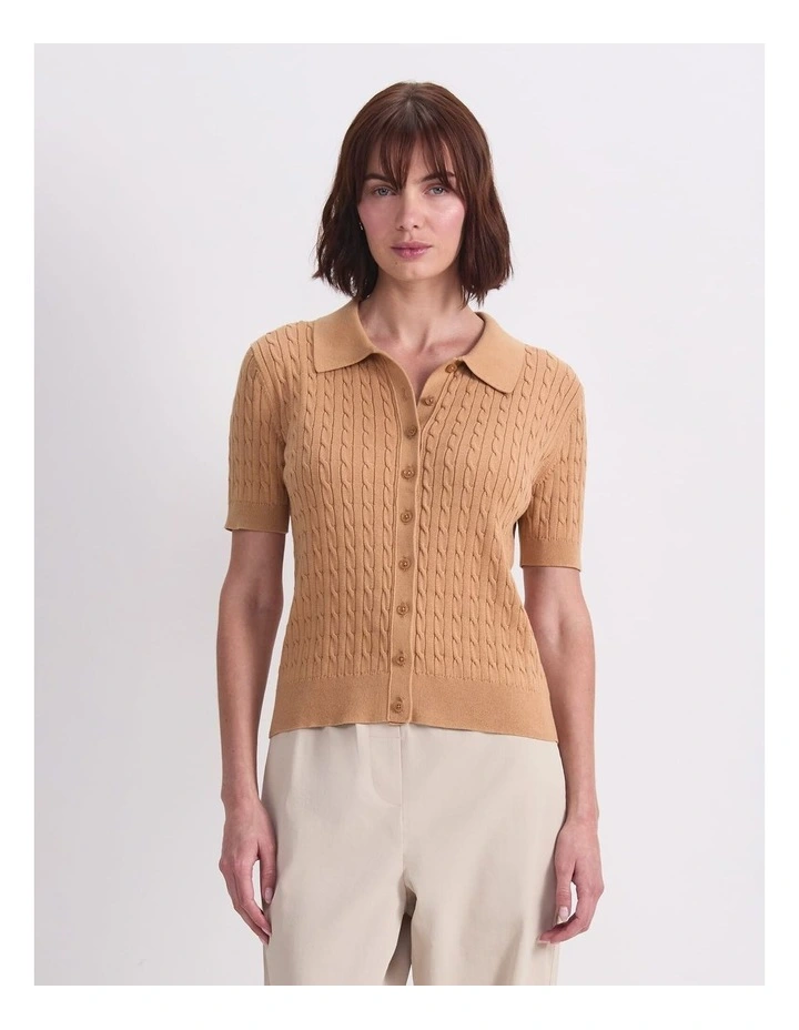 Cotton Cable Short Sleeve Knit Top in Sand image 1