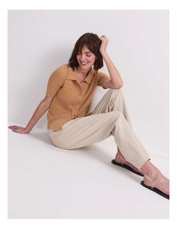 Cotton Cable Short Sleeve Knit Top in Sand image 4