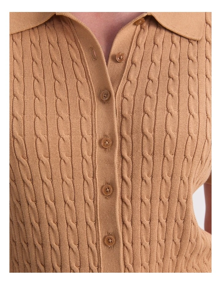 Cotton Cable Short Sleeve Knit Top in Sand image 6