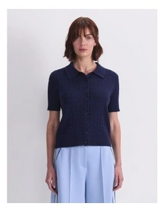 Cotton Cable Short Sleeve Knit Top in Blue