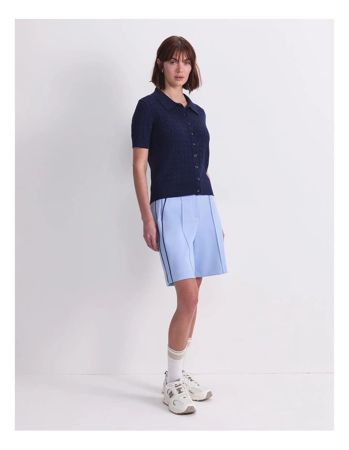 Cotton Cable Short Sleeve Knit Top in Blue image 3