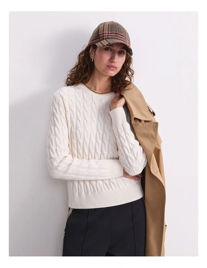 Merino Cable Sweater in White image 5