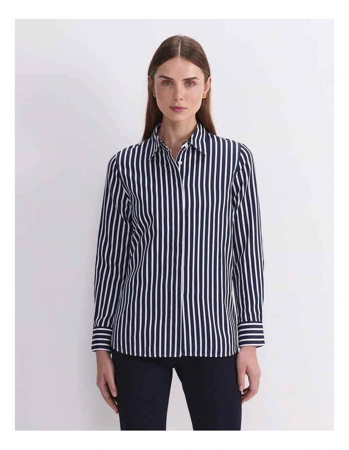 Hannah Stripe Cotton Silk Shirt in Blue image 5