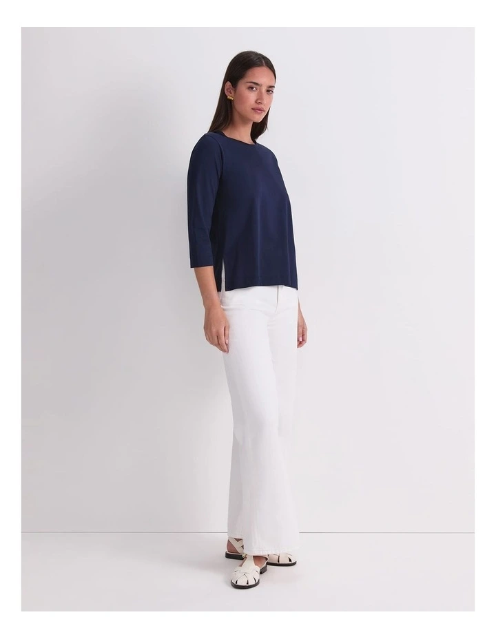 Mercerised Cotton 3/4 Sleeve Tee in Blue image 3