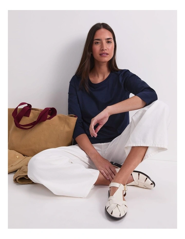 Mercerised Cotton 3/4 Sleeve Tee in Blue image 5